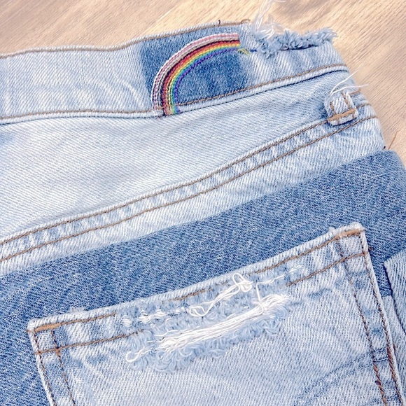 AE Sunshine & Rainbow Embroidered Patchwork Denim High Rise 90s Boyfriend Shorts - Picture 3 of 12